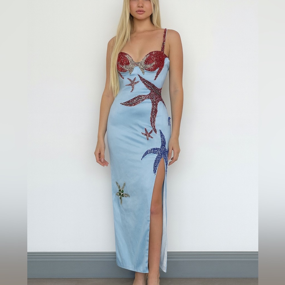 Light Blue Sequin Starfish Midi Dress